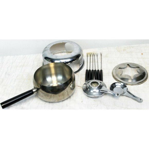 Metal Chrome Fondue Pot Set Hot Dip Set of 6 Forks Table Top Sharing Cheese Choc - Picture 2 of 12